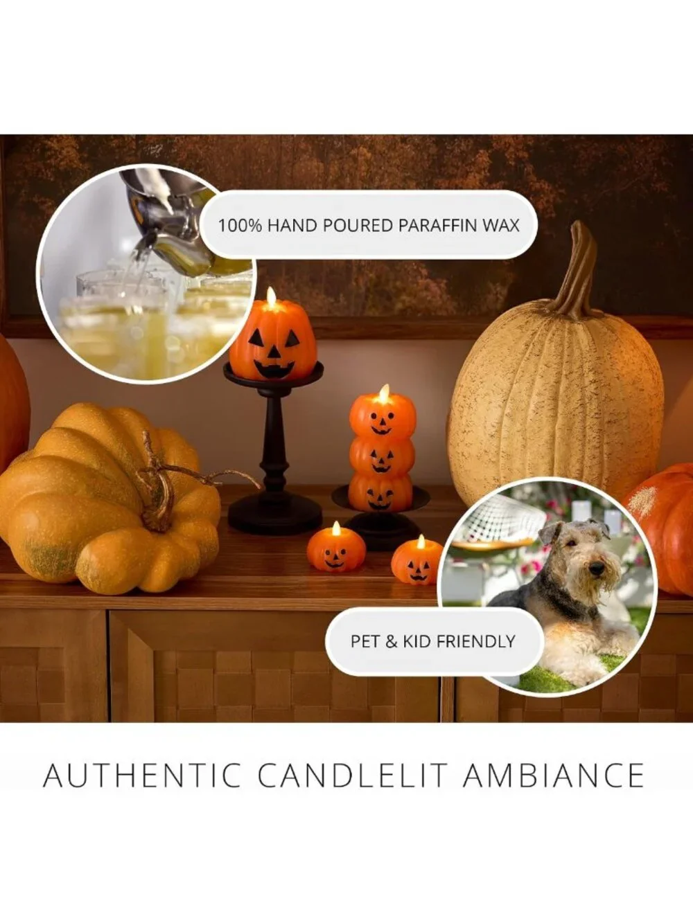 Flameless Jack-o-Lantern Pumpkins Candle - Real Wax, Moving Flame, LED Decor